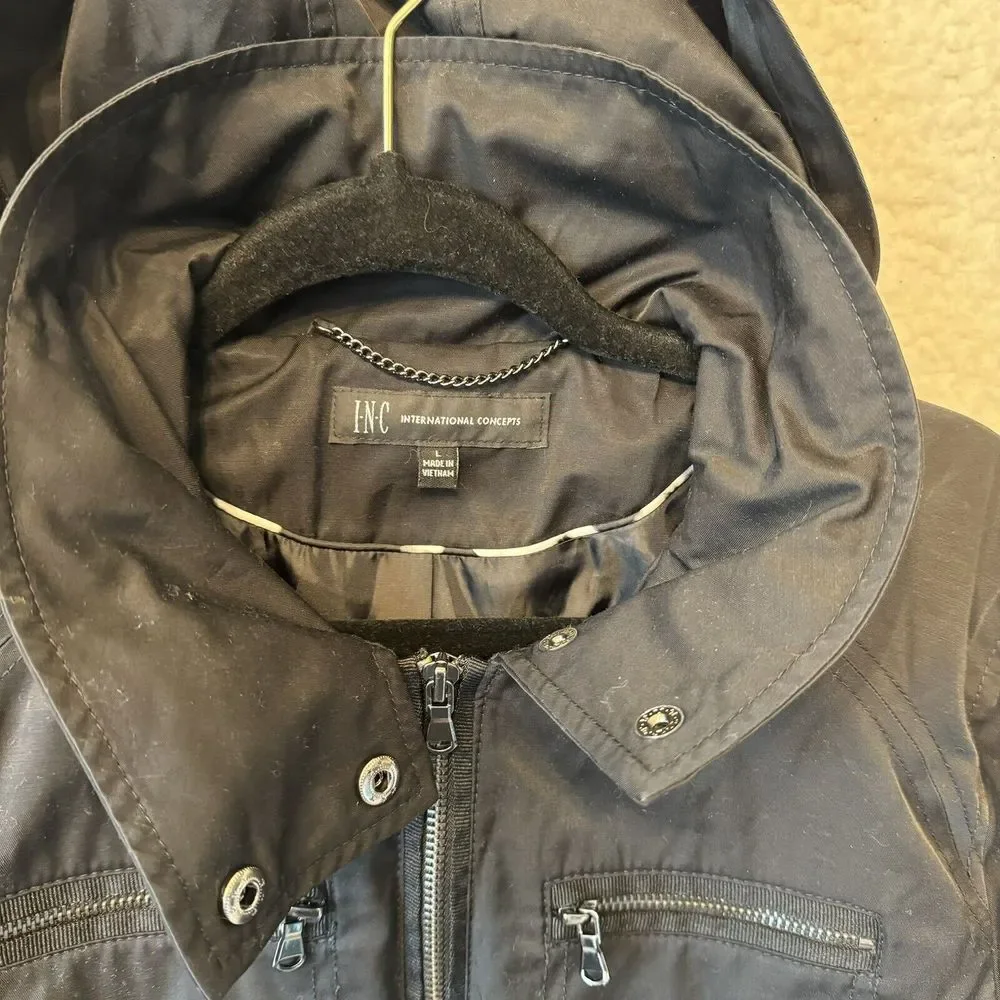 INC International Concepts Jacket Womens Large Black Windbreaker Raincoat Hooded